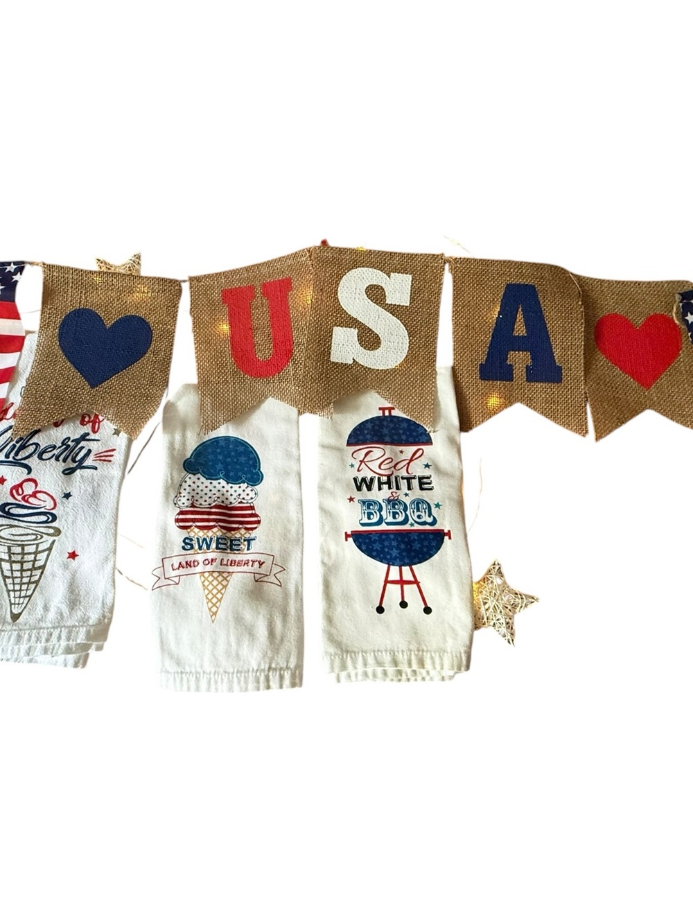 Festive Patriotic Bundle. Burlap Banner, Star Lights & Never Used Dish Towels.